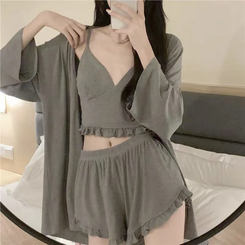 Spring and Summer Hot Selling Women's Solid Color Pajamas Home Suit Three Piece Set Sexy V-Neck Suspender Shorts Home Suit Set