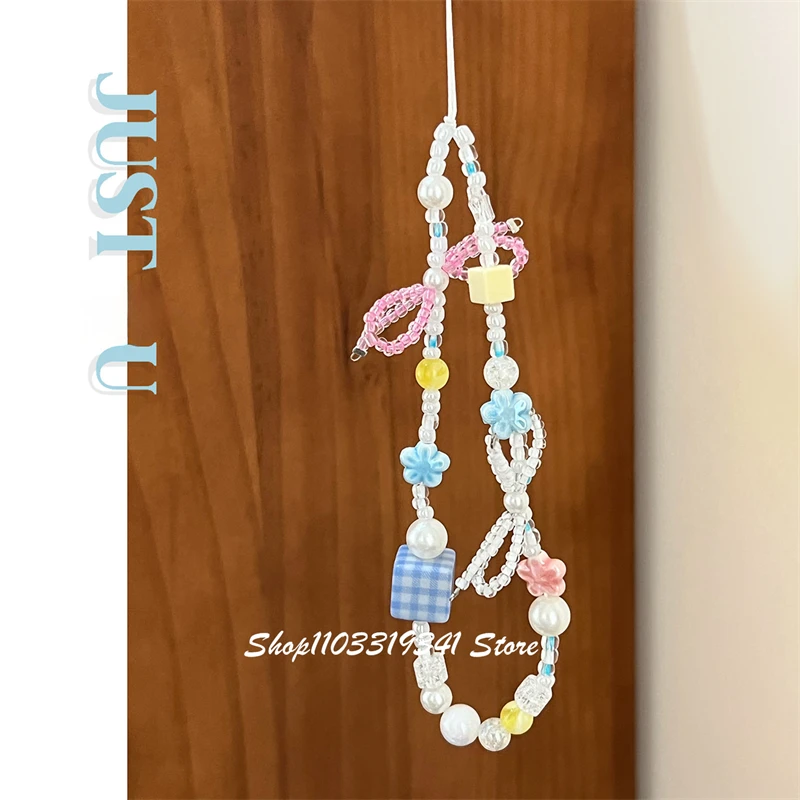 

Korean Cute Pink White Bowknot Flower Bead Phone Charms Chain For Phone Accessories Phone Strap Anti-Lost Lanyard Hanging Rope