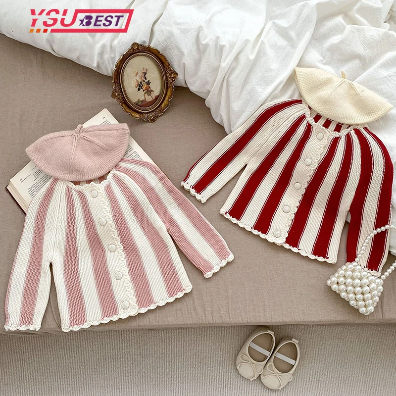 Autumn Girl Classic Striped Cardigan Children\'s Knitted Sweater Cardigan New Baby Round Neck Sweatshirt Kids Soft Suit Clothes