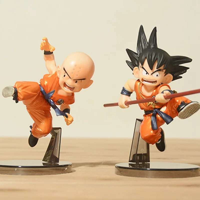 2 Styles Dragon Ball Z DBZ Anime Son Goku Kuririn Childhood Jamp with Stick PVC Action Figure Model Toys Dolls Kids Gift