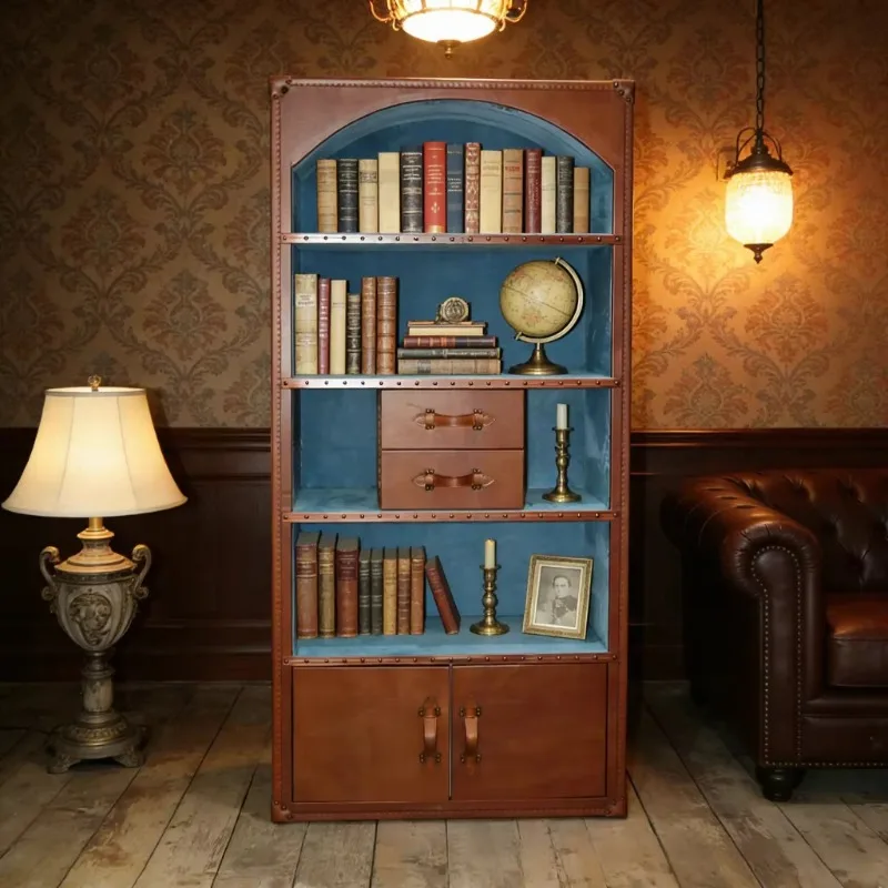 Retro solid wood bookcase, brown first layer cowhide, locker bookshelf c