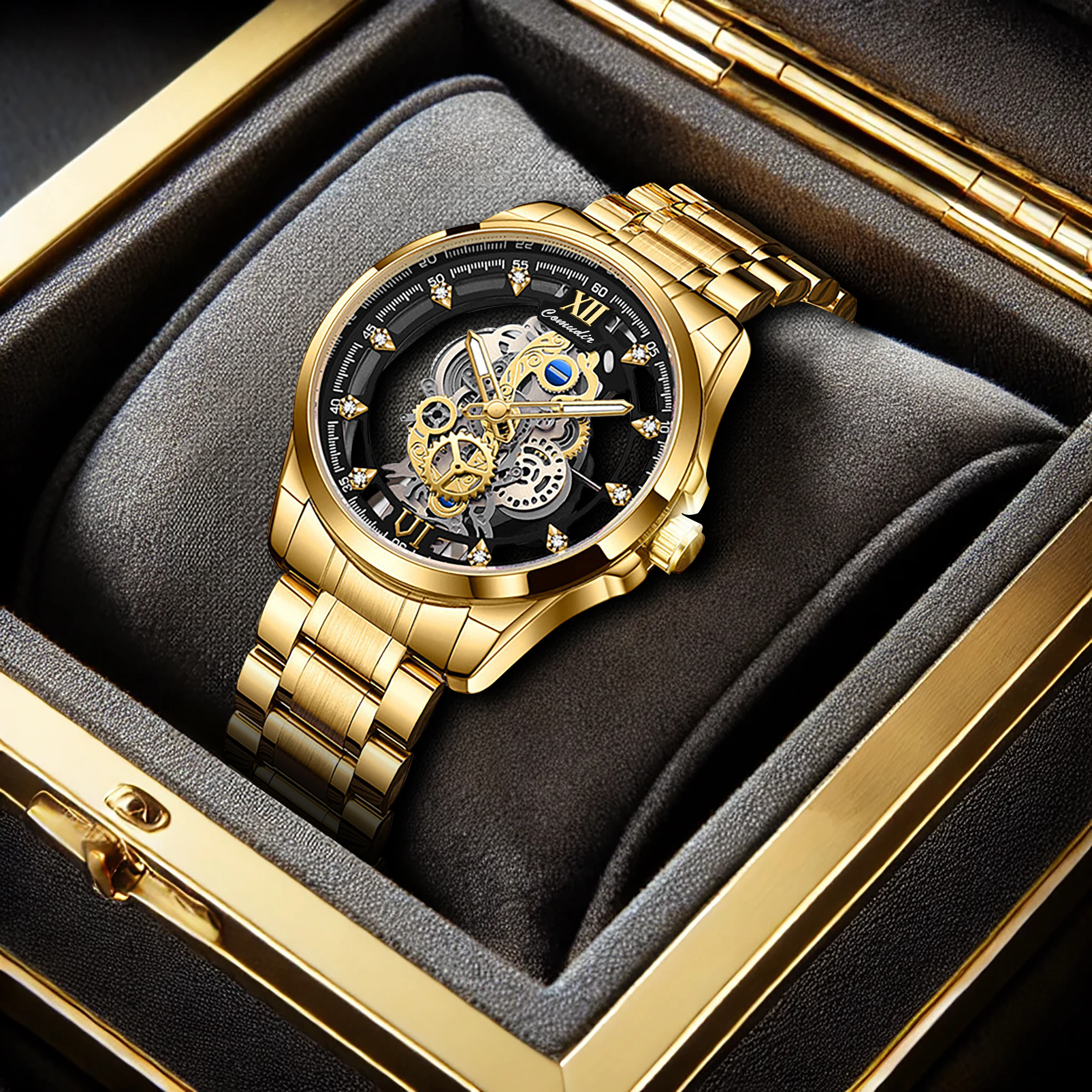 

New men's watch with golden steel strip, business style, mature and noble night light, hollow small gear quartz watch