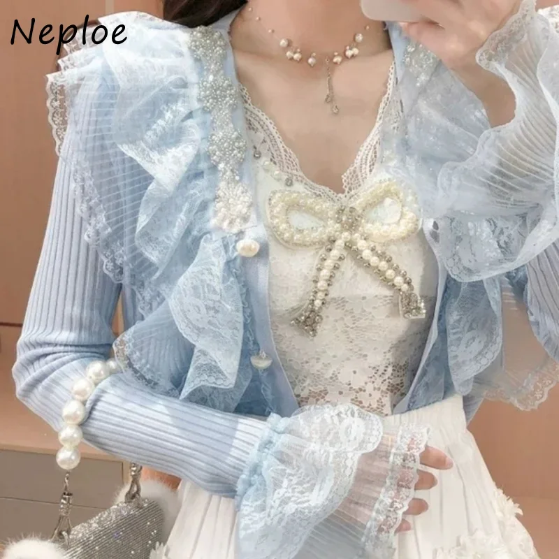 Neploe V Neck Beading Diamonds Lace Patchwork Outerwear Autumn Winter Long Sleeve Single-breasted Sweater Vintage Cardigan Women