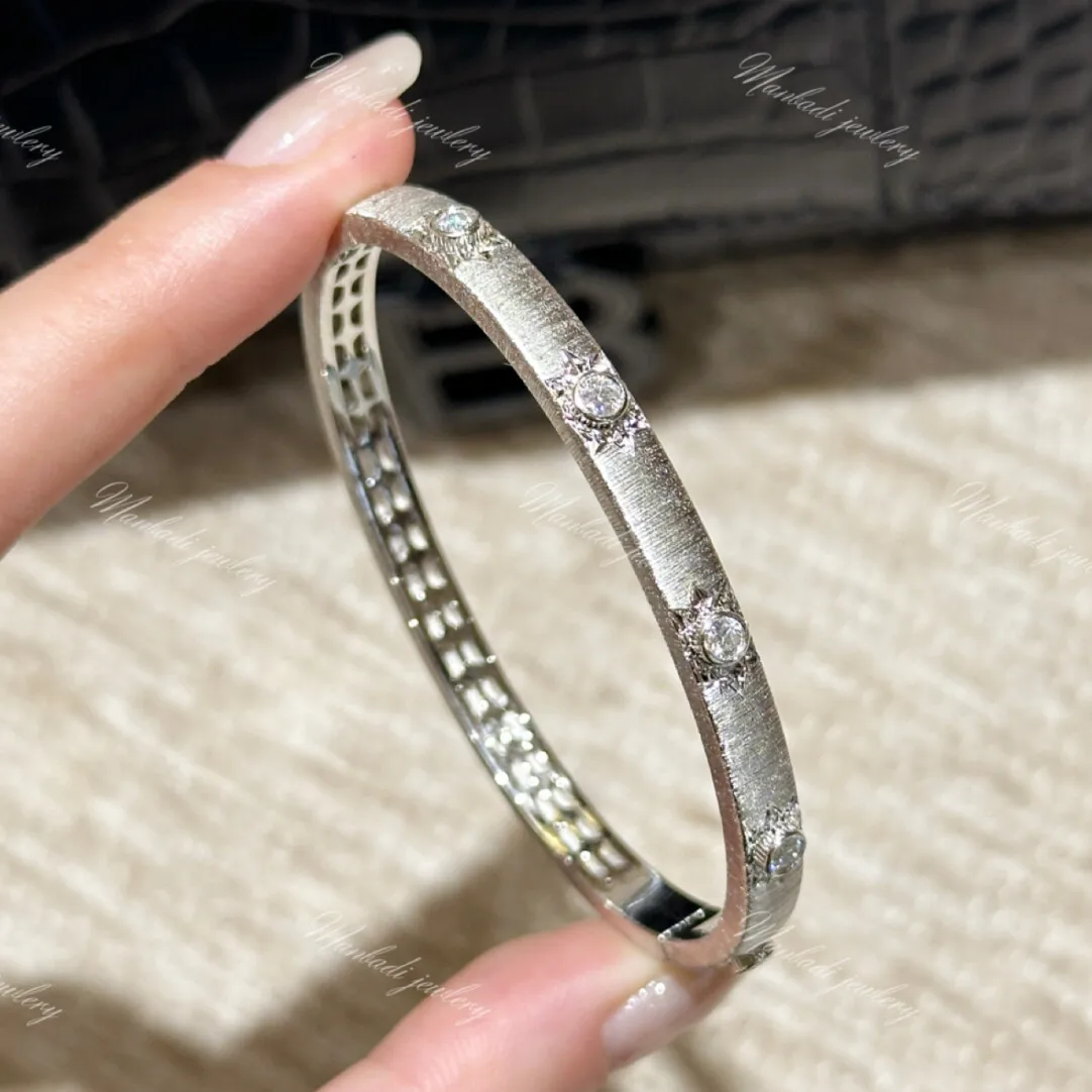 Italian Lasered Process Satin Finish Carved Moissanite Silver Bracelet · S925 Silver Plated with 18k Gold · Narrow Version Appro