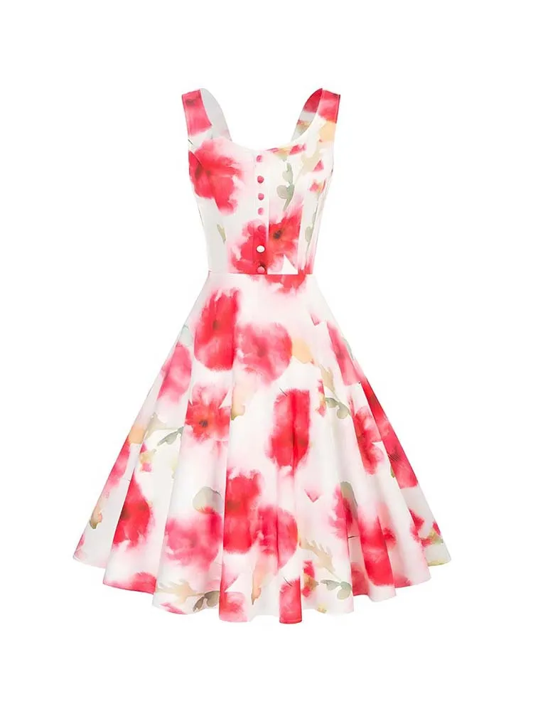 Sleeveless Spaghetti Strap Floral Print Summer Dress Women Elegant Vintage 50s Party Dresses