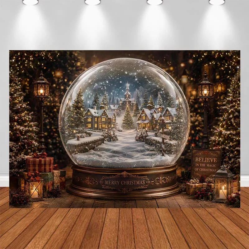 LS Vintage Xmas House Wall Winter Window Backdrop Red Curtain Snow Village Moon With Santa Map Rocket Xmas Decors Backgrounds
