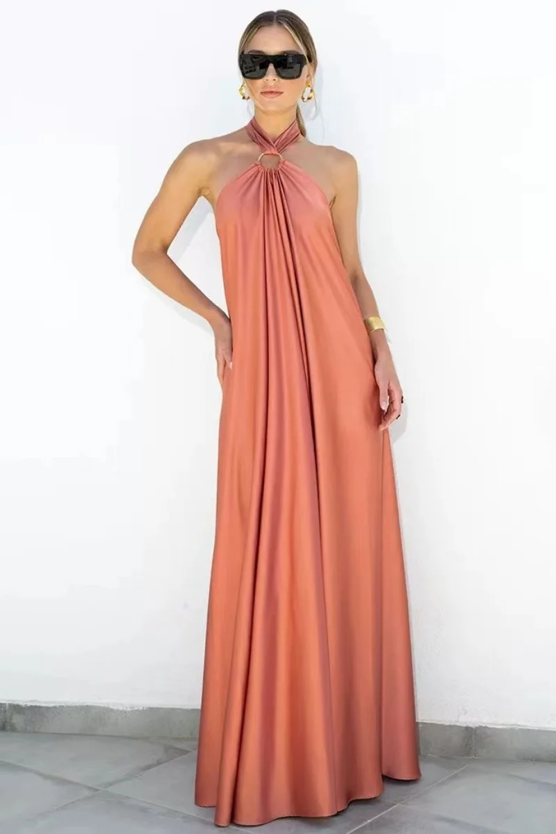 Damenmode Kleider elegante schlichte Halfter ärmellose Satin fließende Maxi kleid lässig lange Kleider Streetwear