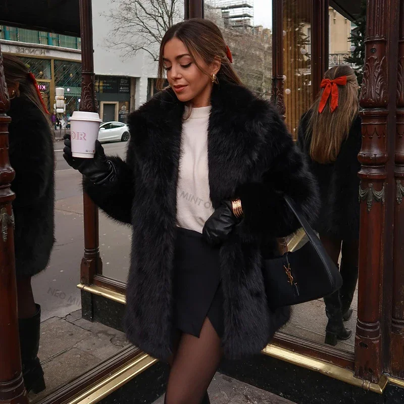 Invierno nuevas mujeres solapas abrigo de piel sintética marca diseñador chaqueta de piel de zorro esponjosa abrigos peludos de lujo ropa de abrigo larga femenina