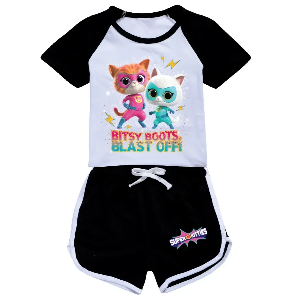 Kawaii Superkitties vêtements enfants Super chats T-shirt bébé filles été à manches courtes hauts Shorts 2 pièces ensembles garçons décontracté combinaisons de sport