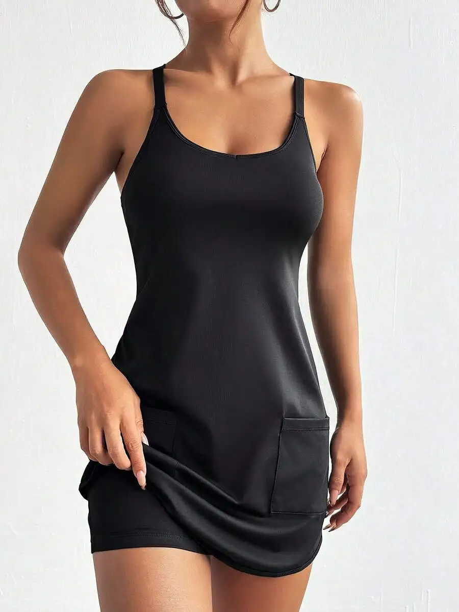 

Black Sport Dress With Pockets Athletic Tank Dress For Women