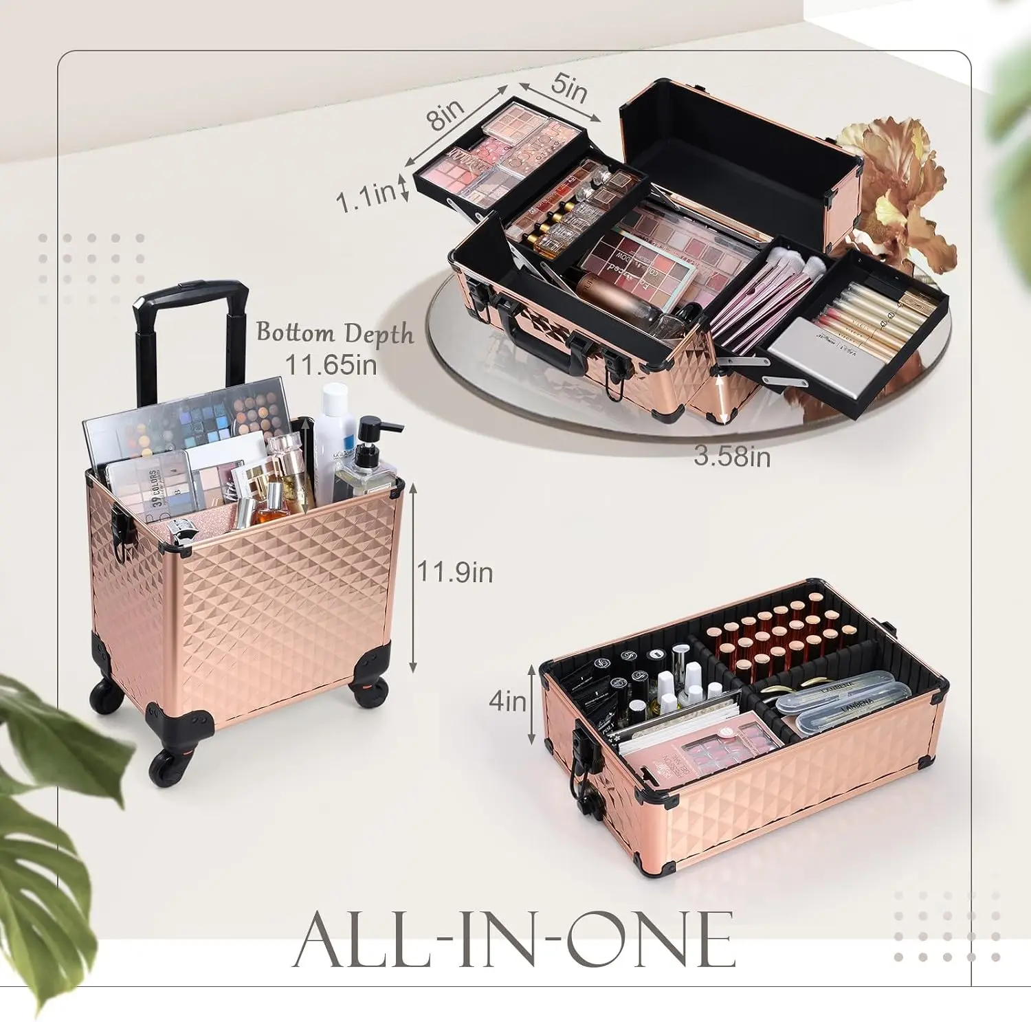 3 In 1 Professional Rolling Makeup Train Case Aluminum Trolley 360 Rotation Wheels Makeup Artist Cosmetic Suitcase Organizer Loc