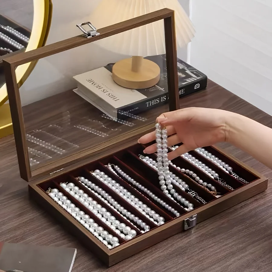 Legen Sie Perlenkette Aufbewahrung sbox mit Deckel, Glas staub dichtes langes Armband, Perlens chmuck, dicke Halskette Schmucks cha tulle, Betrachtung stablett