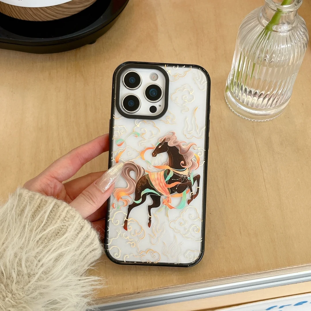 

Oil Painting Auspicious Cloud white Horse Phone Case For iPhone 17 16 15 14 Pro Max 13 12 11 Pro 16 Plus Shockproof Clear Cover