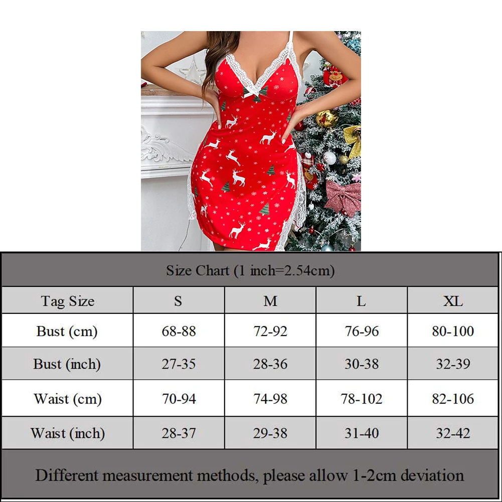 Women Sexy V-Neck Christmas Sling Nightdress Lace Trim Slit Pajamas Lingerie