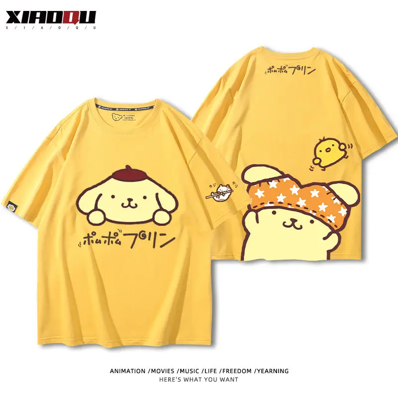 Kawaii Sanrio Anime Cotton T-Shirt Cute Pompompurin Cartoon Summer Short Sleeves Soft Comfortable Originality Children Gifts