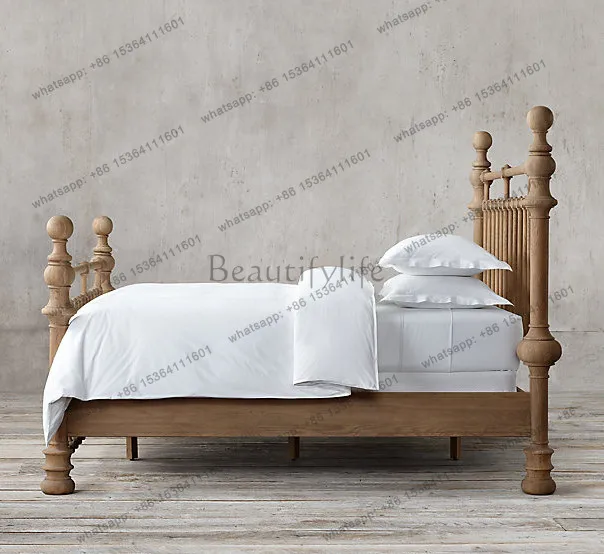 French retro old solid wood bed American country double log