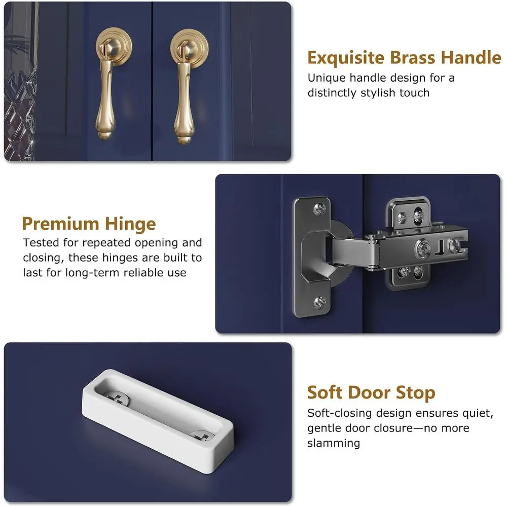 Navy Blue 72 Tall Kitchen Pantry Cabinet with Glass Doors and Adjustable Shelves for Kitchen, Living, and Dining Rooms