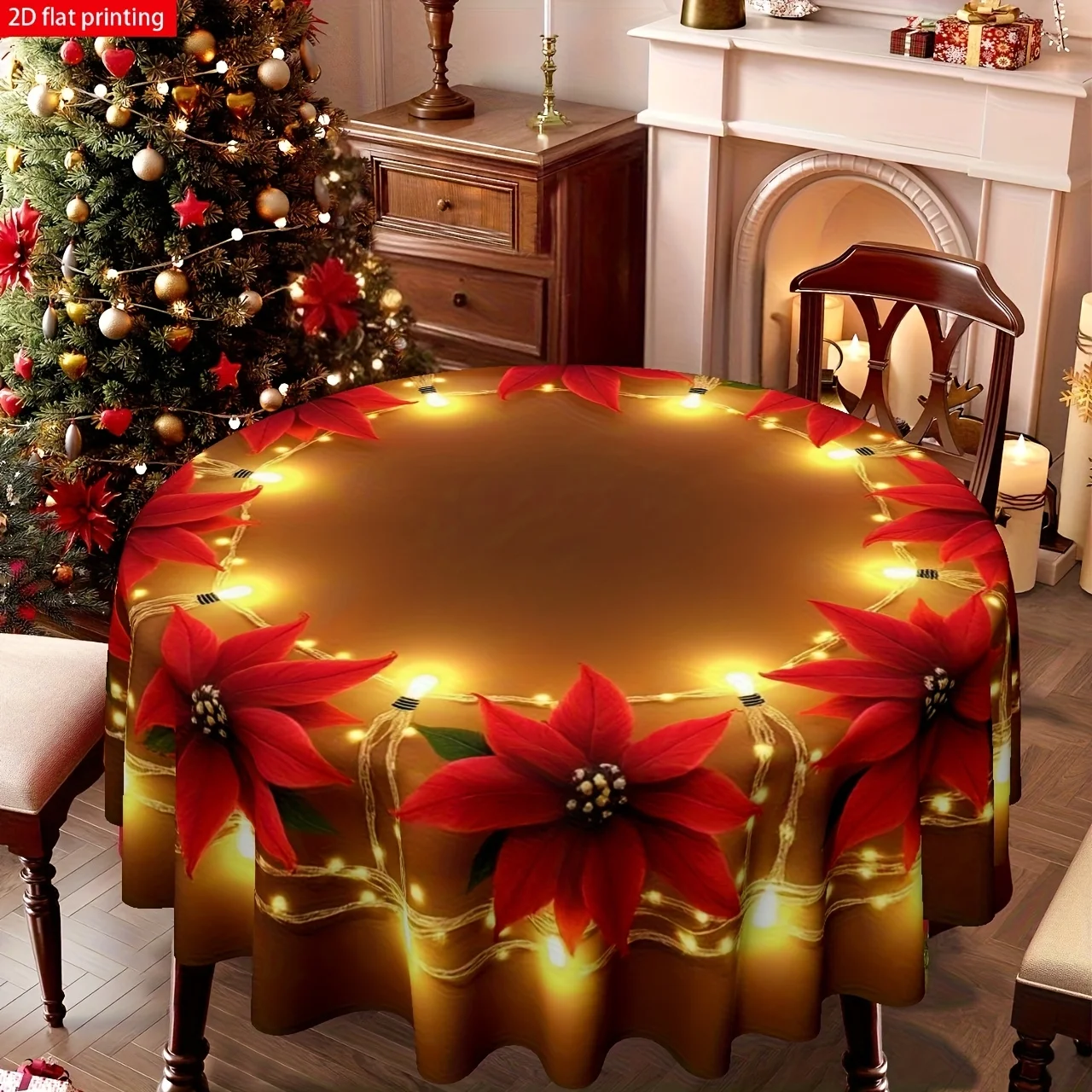 A tablecloth with a Christmas theme, featuring red Christmas flowers and string lights design