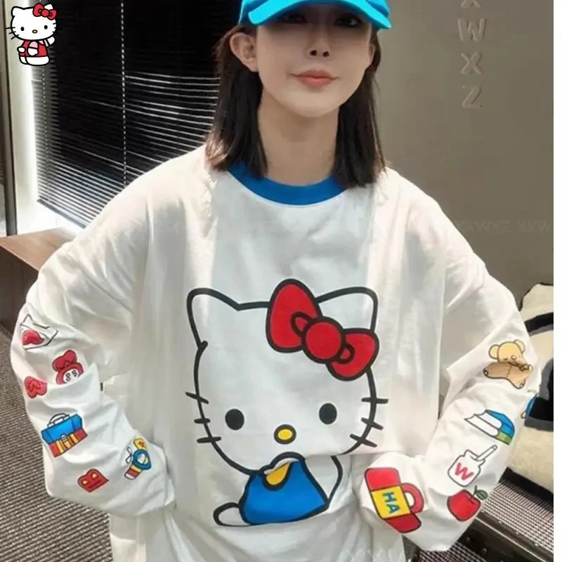 

Sanrio HelloKitty Anime Printed Fashion Student Casual Long Sleeve Spring and Autumn Shirt Round Neck New Loose Street Top
