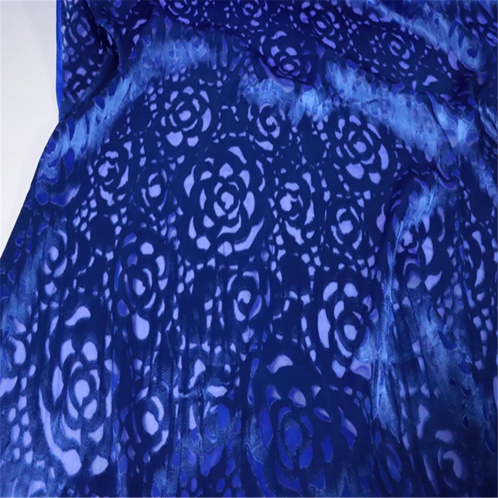 Spring Summer Luxury Elegant Silk Burn Out Fabric Opal Mulberry Romanstic Blue Rose for Wedding Veil Dress Lining Cloth