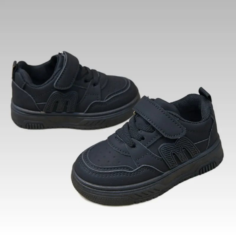 Black Kids Shoes Sports Running Casual Walking Student Fashion New Leather Children\'s Sneakers Breathable Soft Child Outdoor 20-