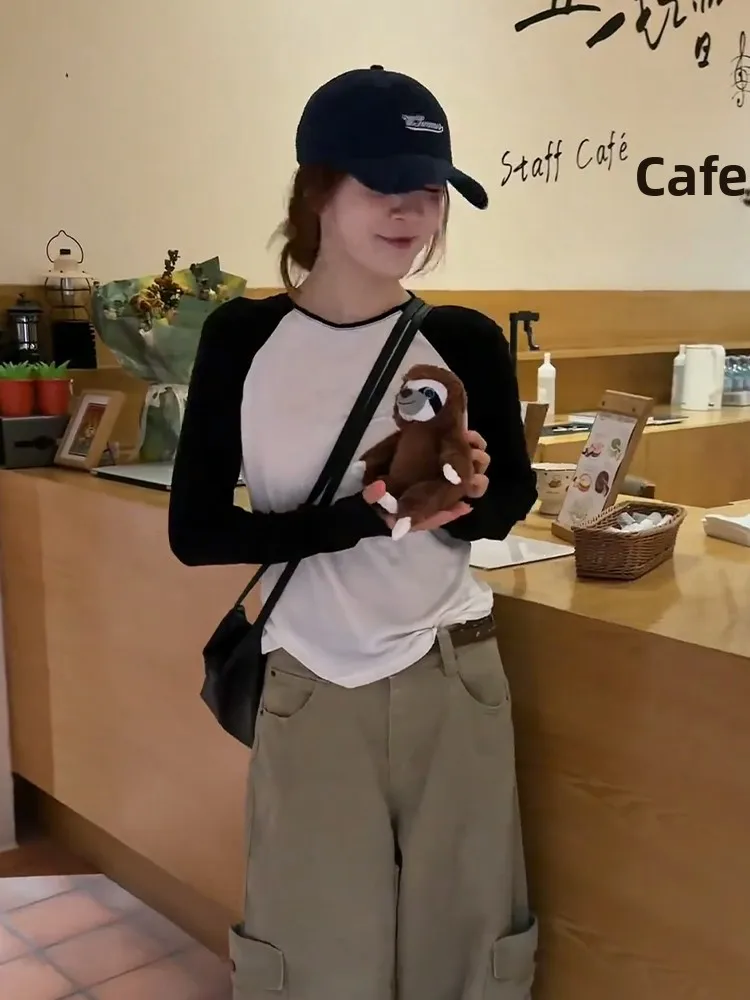 Color Block Long Sleeve T-Shirt Women's Loose Inner Wear Base Shirt Fashion Simple Match All Autumn New Style Commute Style
