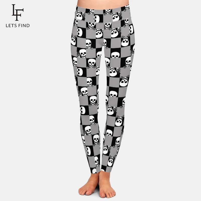 

LETSFIND Fashion Women High Waist Pants 3D Gray and Black Grid and Skull Print Fitness Sexy Slim Stretch Leggings Ankle-Length