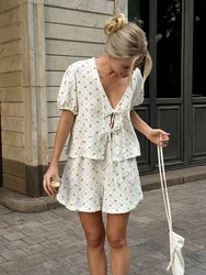 Bornladies 100% Cotton Printed Short Sleeved Shorts Set Summer New Women's Strap Bubble Sleeve Top Loose Shorts 2-Piece Set