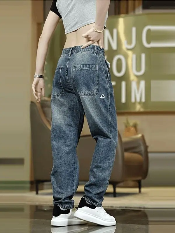 

Мужские джинсы с талией в стиле ретро, свободные прямые брюки, неэластичный хлопковый джинсовый износостойкий рабочий костюм, повседневная молодежная мода
