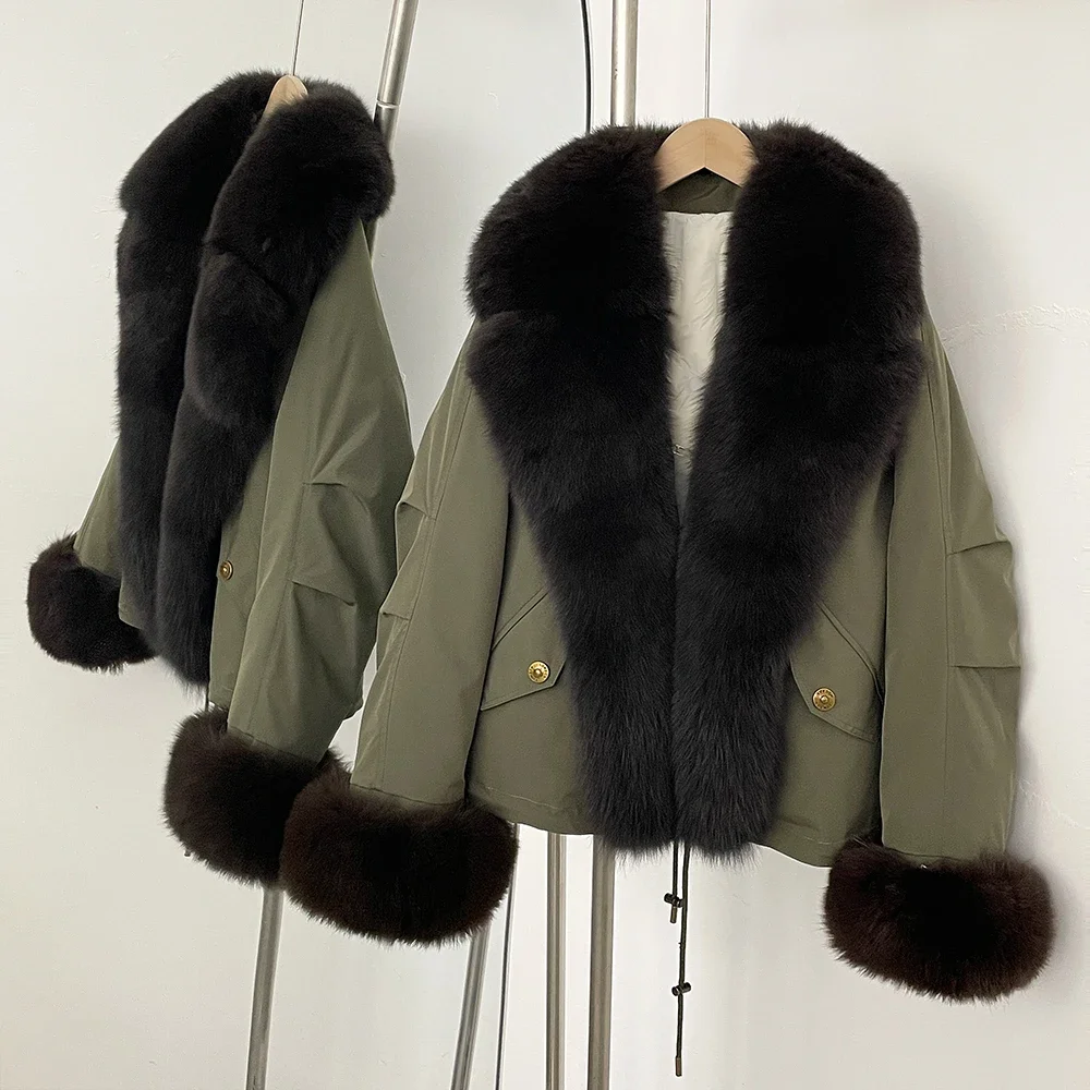 Real Fox Fur Down Jacket Collar Women 2025 Autumn Winter White Duck Down Coat Waterproof Warm Big Fur Cuffs Puffer Jacket Female