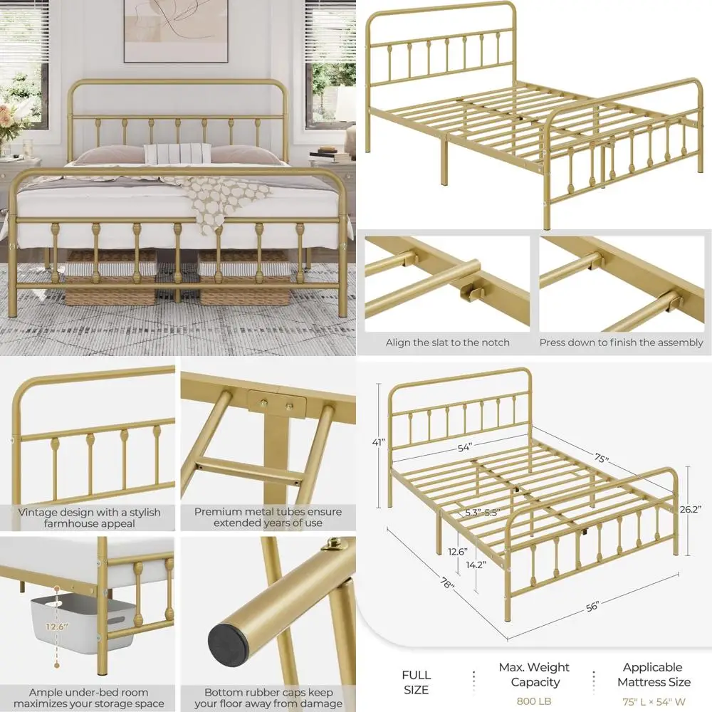 إطار سرير بمنصة معدنية على الطراز الفيكتوري مع لوح رأسي فني حديدي ولوح قدم وتخزين تحت السرير