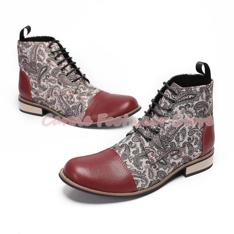 

Ethnic Style Totem Embroidery Male Ankle Boots Retro Mixed Color Genuine Leather Lace-Up Boots Men's Outside Casual Shoes