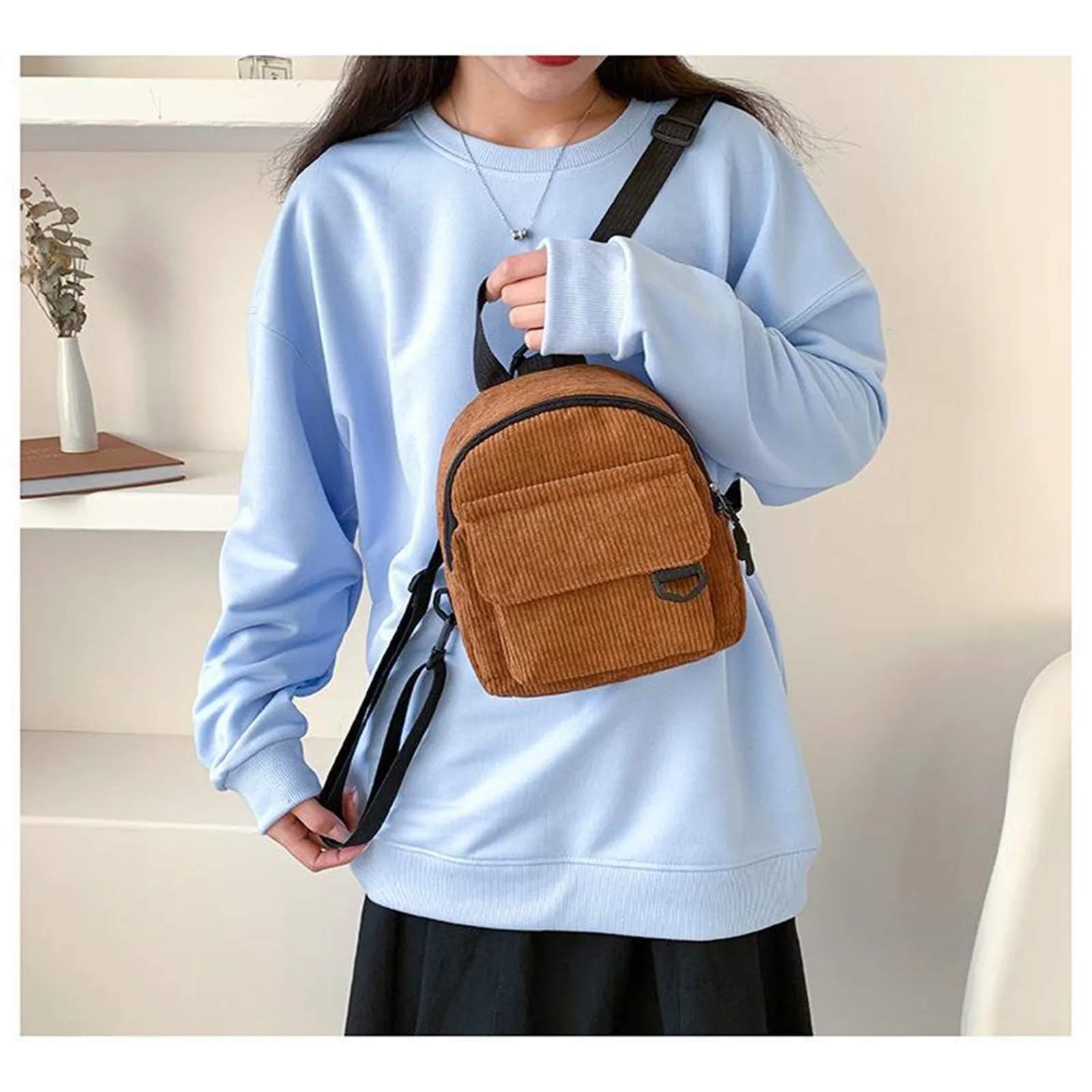 Mini Sac à Dos Tendance en Velours Côtelé pour Femme, Cartable Simple et Décontracté de Voyage de Grande Capacité