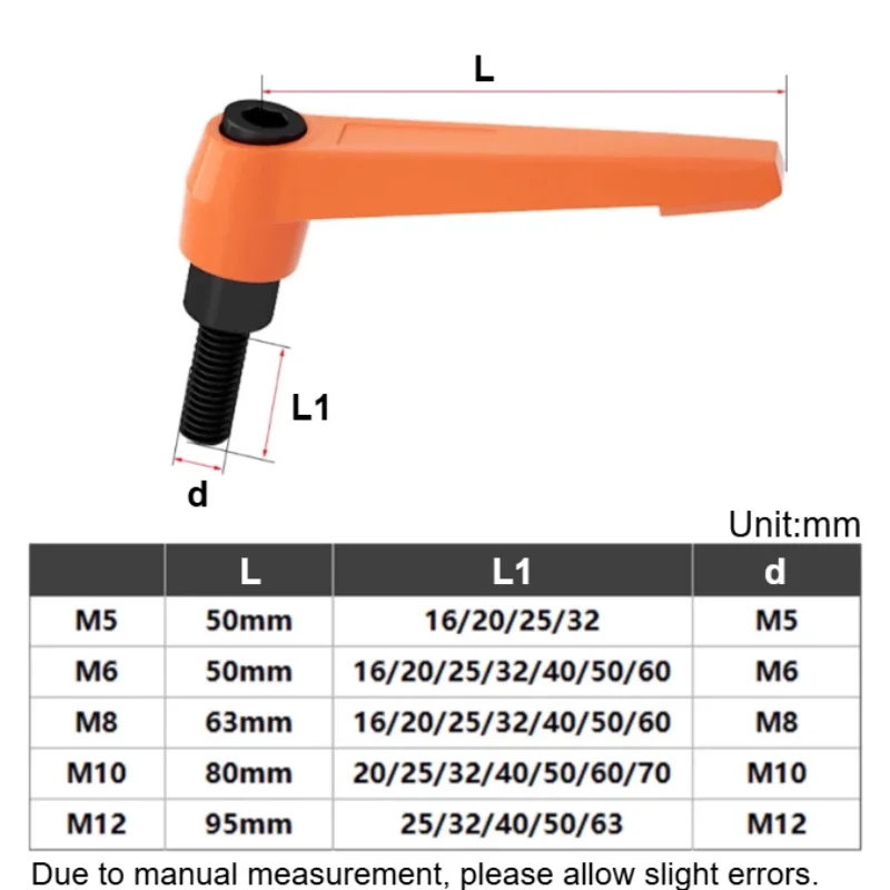 1/2/5pcs M5 M6 M8 M10 M12 Orange Clamping Lever Machinery Adjustable Handle Locking External/Inner Thread Knob Screw Bolt