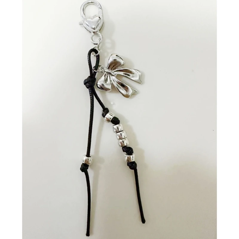 Fashionable Bows Keychain Handmade Black Rope Beaded Keyring DIY Bowknot Keyrings Pendant Versatile Phone Accessory