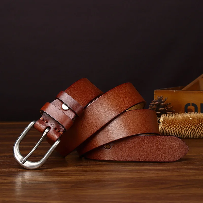 Men Stainless Steel Pin Buckle Belt Genuine Top Layer Cowhide Fashion Simple Versatile Casual Belt for Jeans Workwear