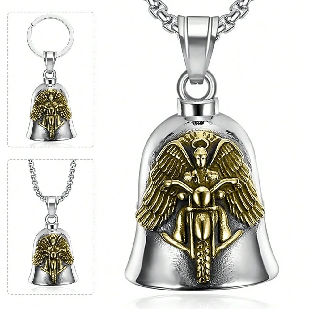 Retro Punk Whenever Wind Hippie Stainless Steel Retro Gold Plug -in Wing Bell Chain New Motorcycle Character Riding Demon Bell