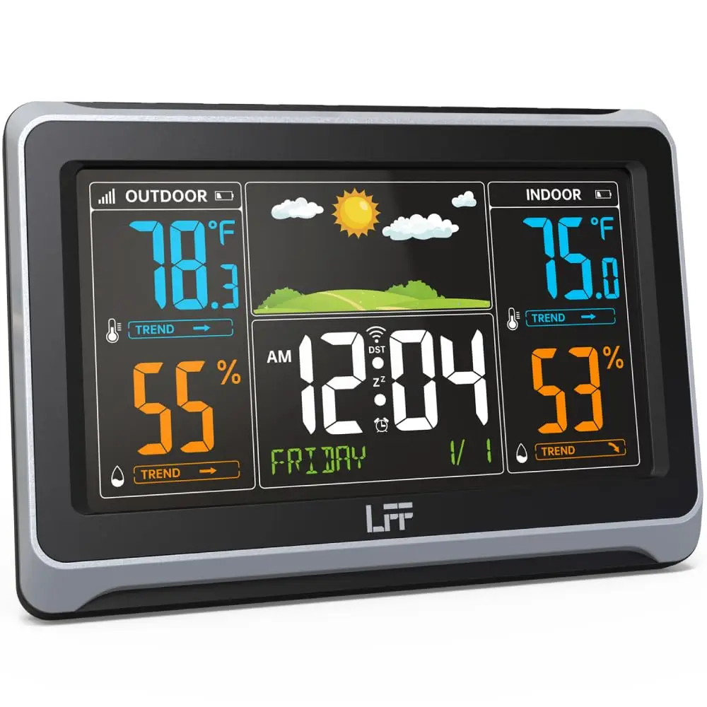 Wireless Weather Station Indoor Outdoor with Digital Thermometer, Color Display, Atomic Clock & Backlight