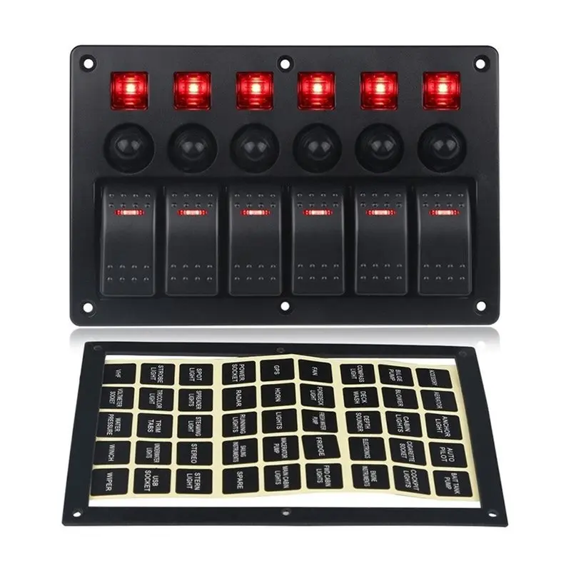 DTA6 6 Gang Marine Rocker Switch Panel Waterproof LED Light Red with Sticker for Car Boat Truck Auto Parts