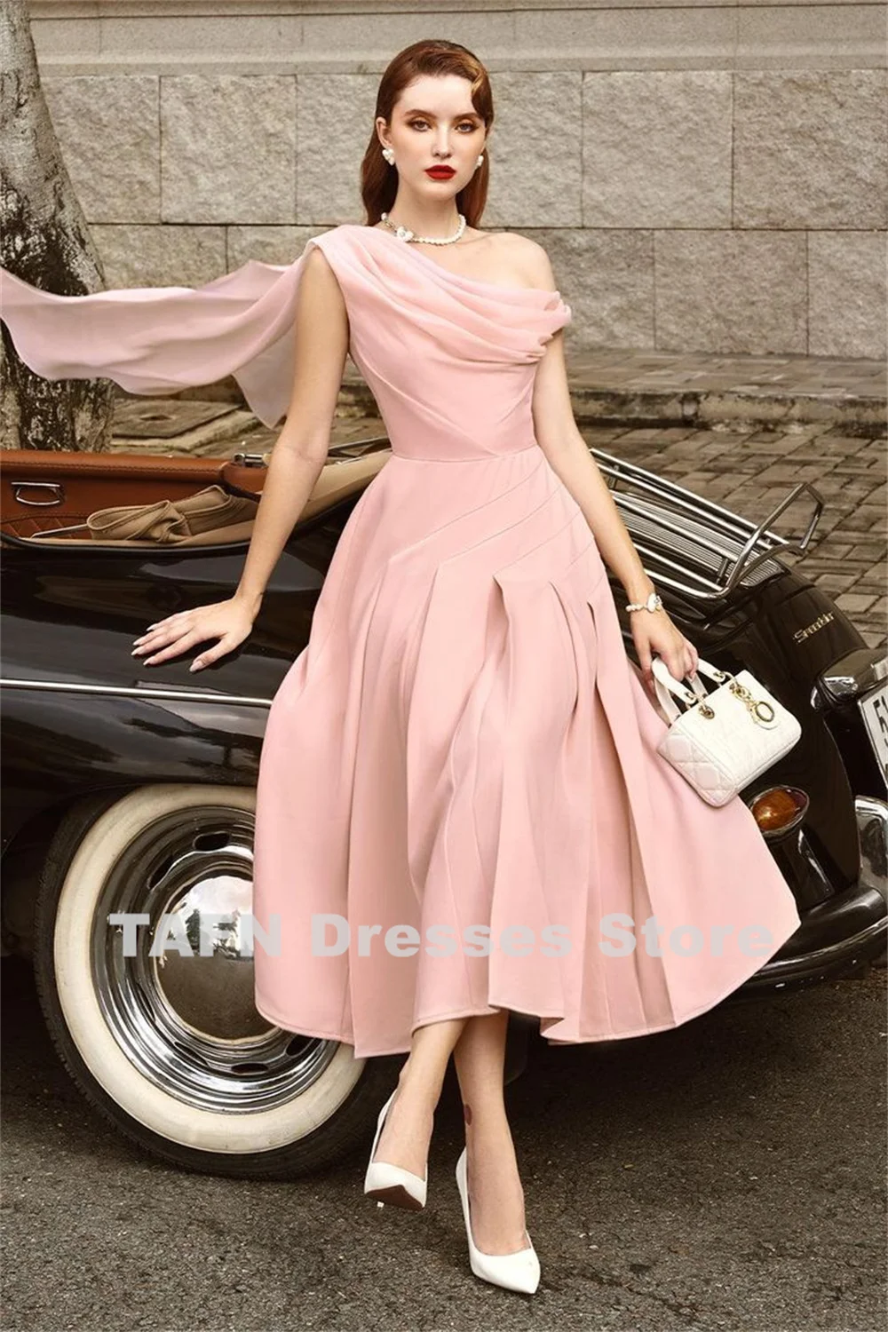 TAFN robe chic élégante Romantic Pink Prom Dresses One-Shoulder A-line Draped Evening Dresses Tea-Length Satin выпускное платье