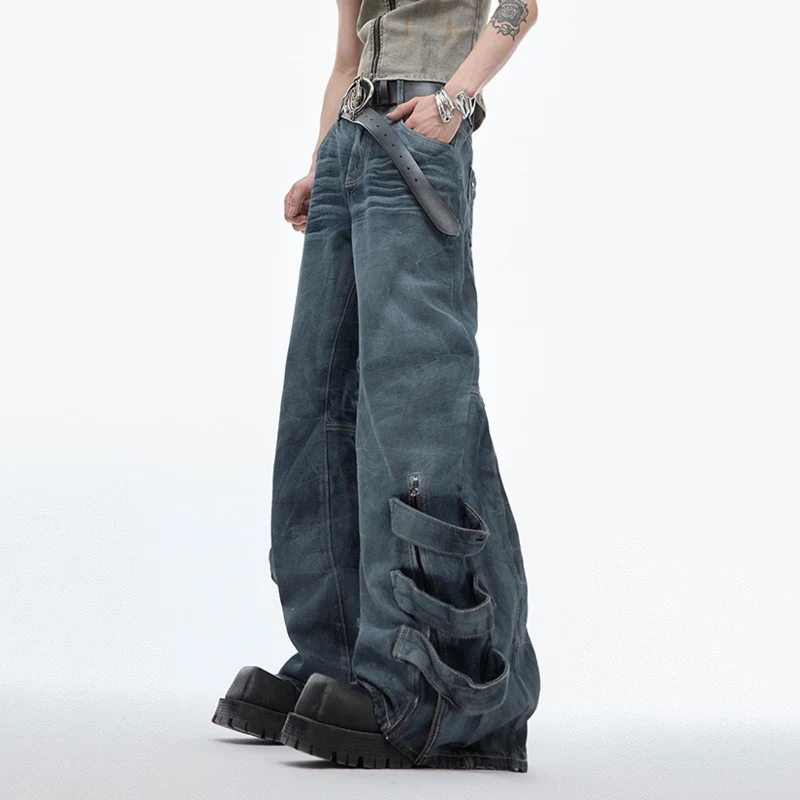 IEFB Vintage Worn-out Men's Jeans Lace-up Design Wrinkled Denim Pants Corrugated Loose Slacks Personalized Male Trousers 24E1175