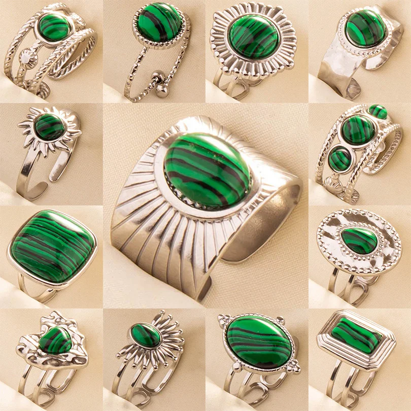 

5PCS Green Turquoise Stone Bohemia Rings For Women Stainless Steel Ring Opening Adjustable Anillo Party Fashion Jewelry Gifts