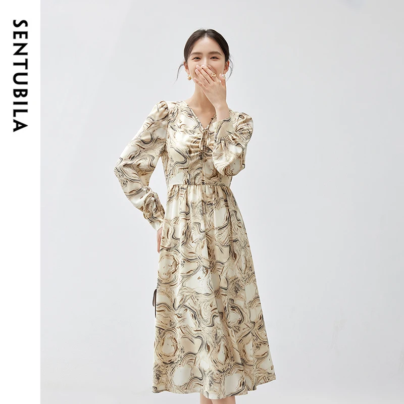 

SENTUBILA A-line Lace Up Print Dress for Women 2024 Fall Elegant Shirring V Neck Long Dress Puff Sleeve Holiday Dress 143L56534