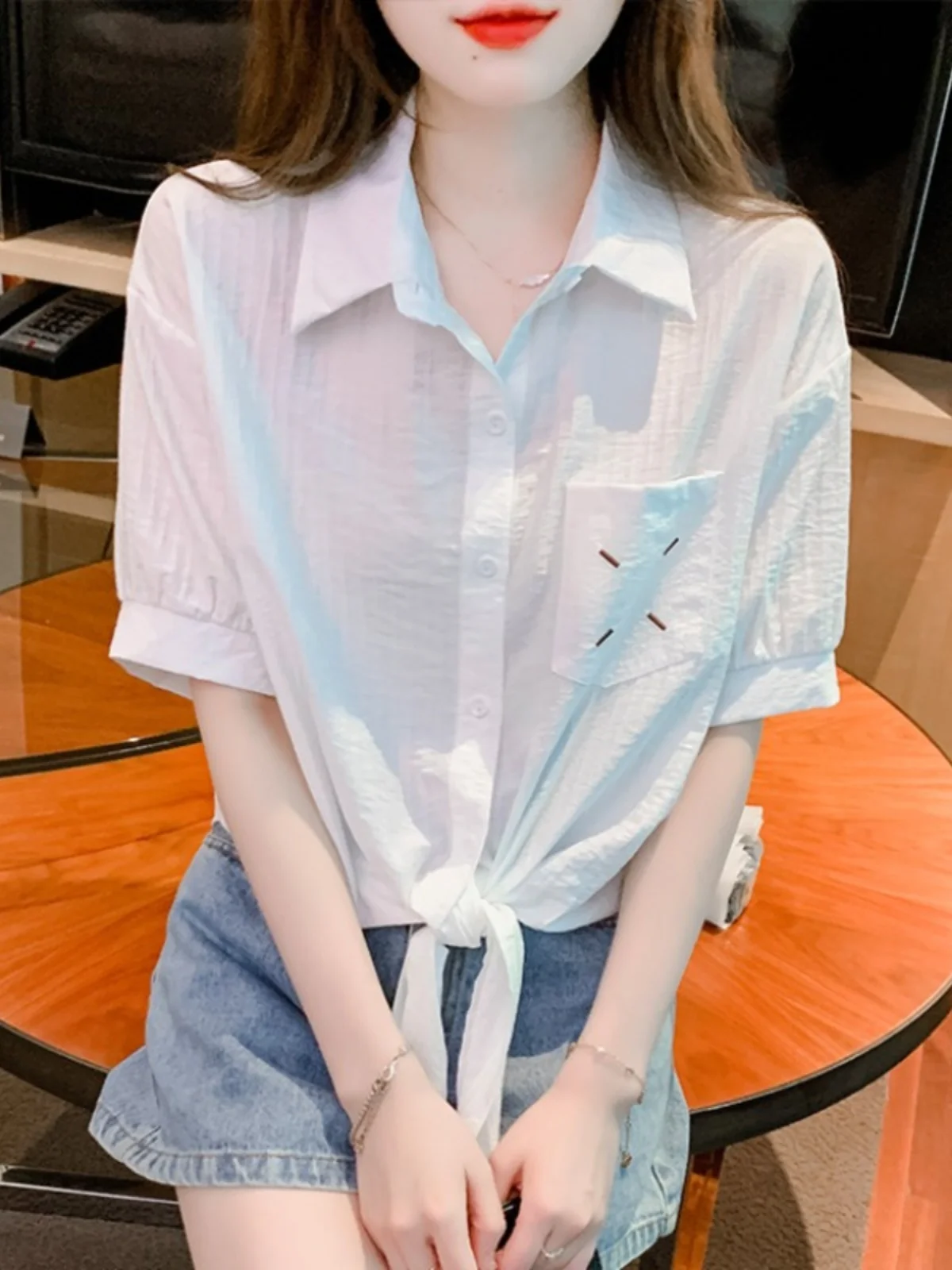 

Новая женская шифоновая блузка с бантом, модная молодежная модель, укороченная, лето 2026