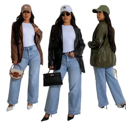 Women PU Leather Office Lady Blazer Vintage Coat Fashion Notch Collar Long Sleeve Ladies Outerwear Tops 2024 Fall