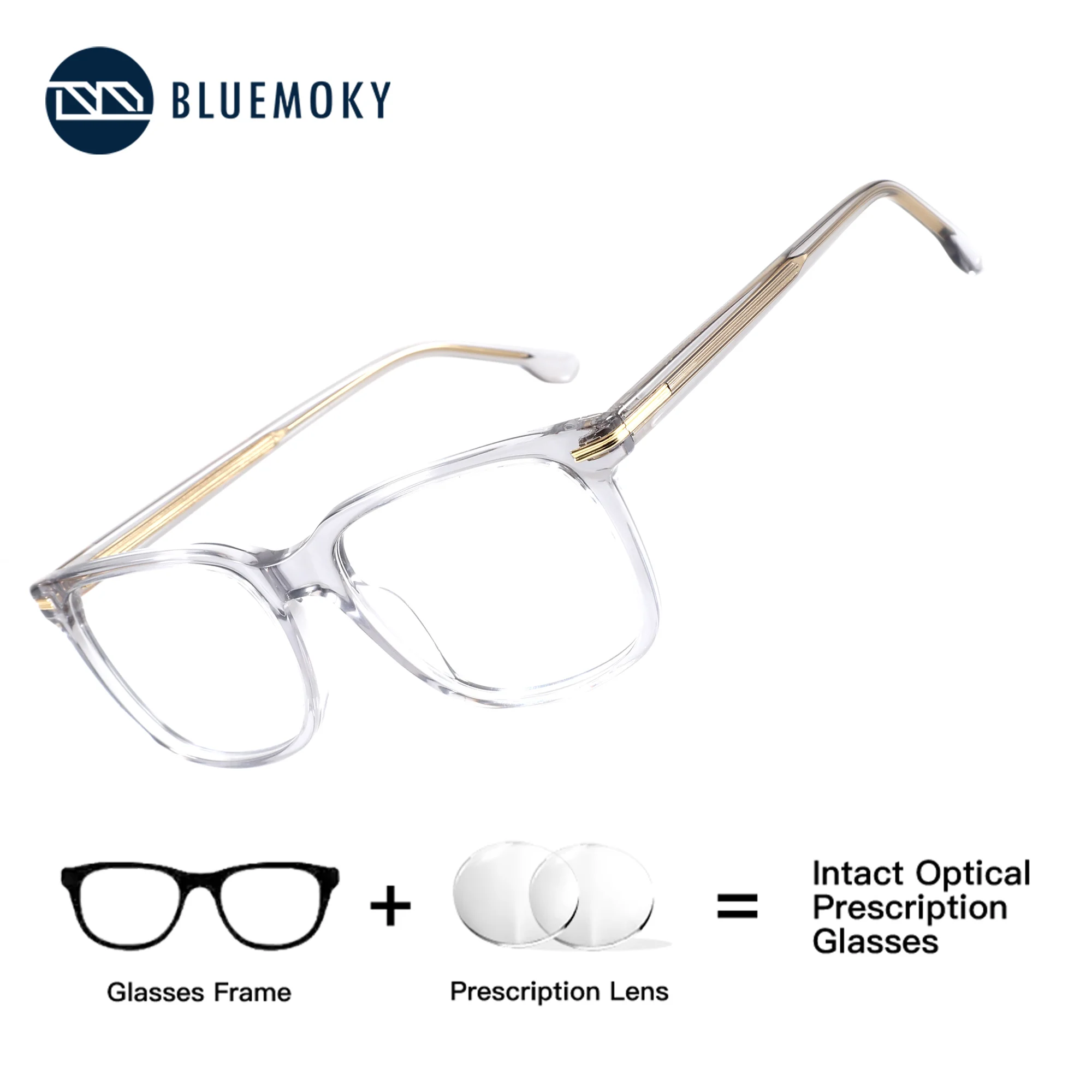 BLUEMOKY M Size Square Transparent Grey Prescription Glasses Photochromic Anti Blue Light Acetate Multifocal Myopia EyewearMen