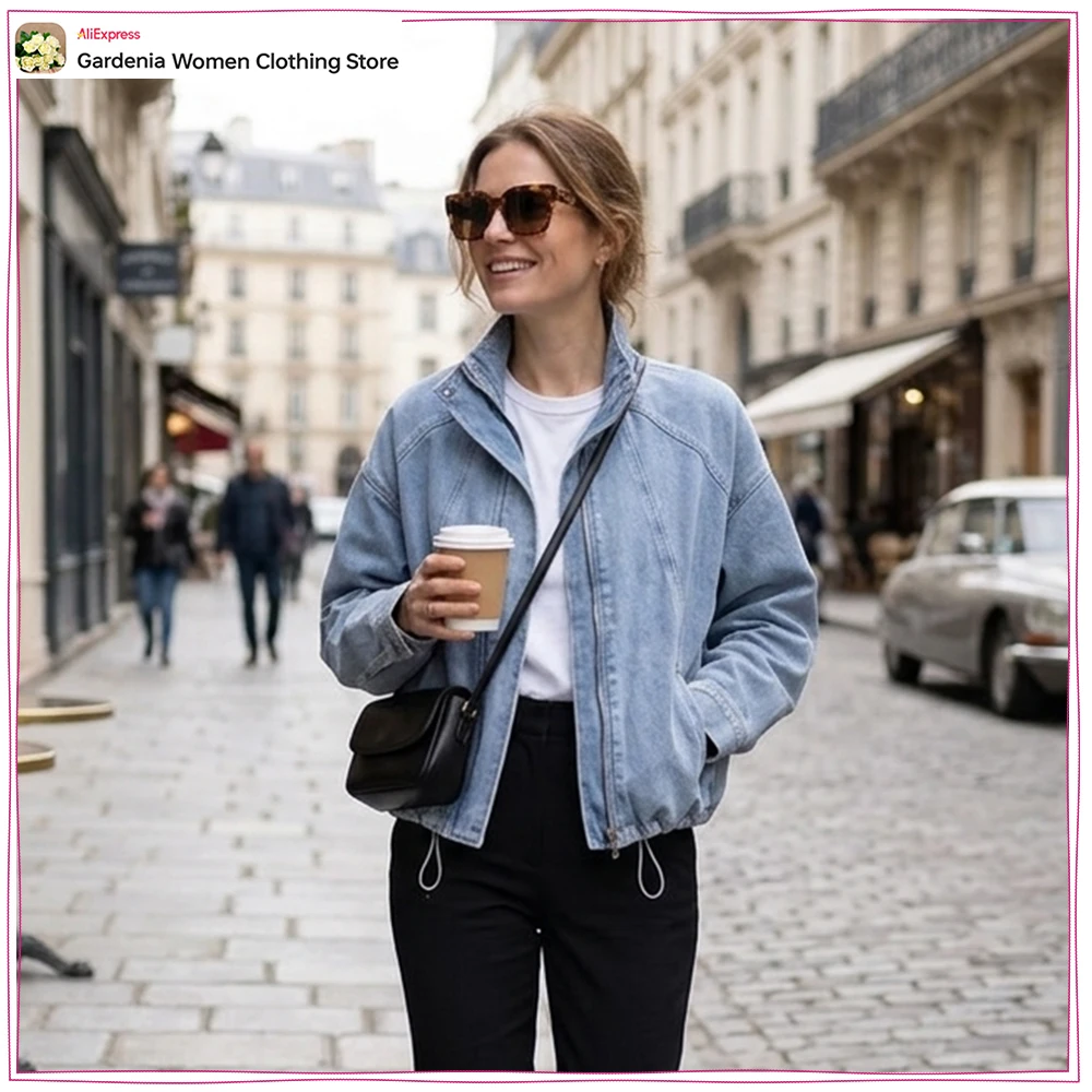 New in Autumn High Neck Denim Bomber Jackets for Women Stylish Long Sleeves and High Collar Jackets with Drawstring Gathered Hem