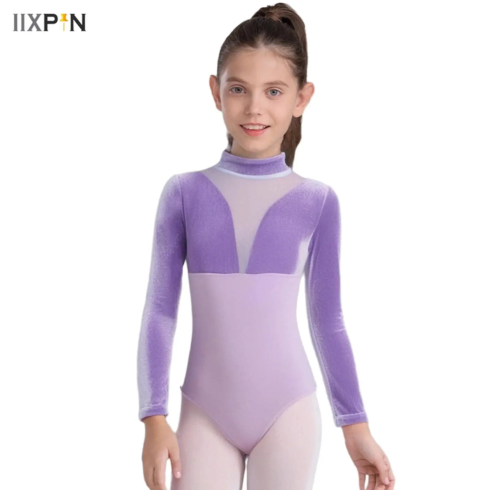 

Kids Girls Ballet Dance Leotard Mock Neck Long Sleeves Zipper Velvet Mesh Patchwork Cotton Bodysuit Ballet Practic Dancewear