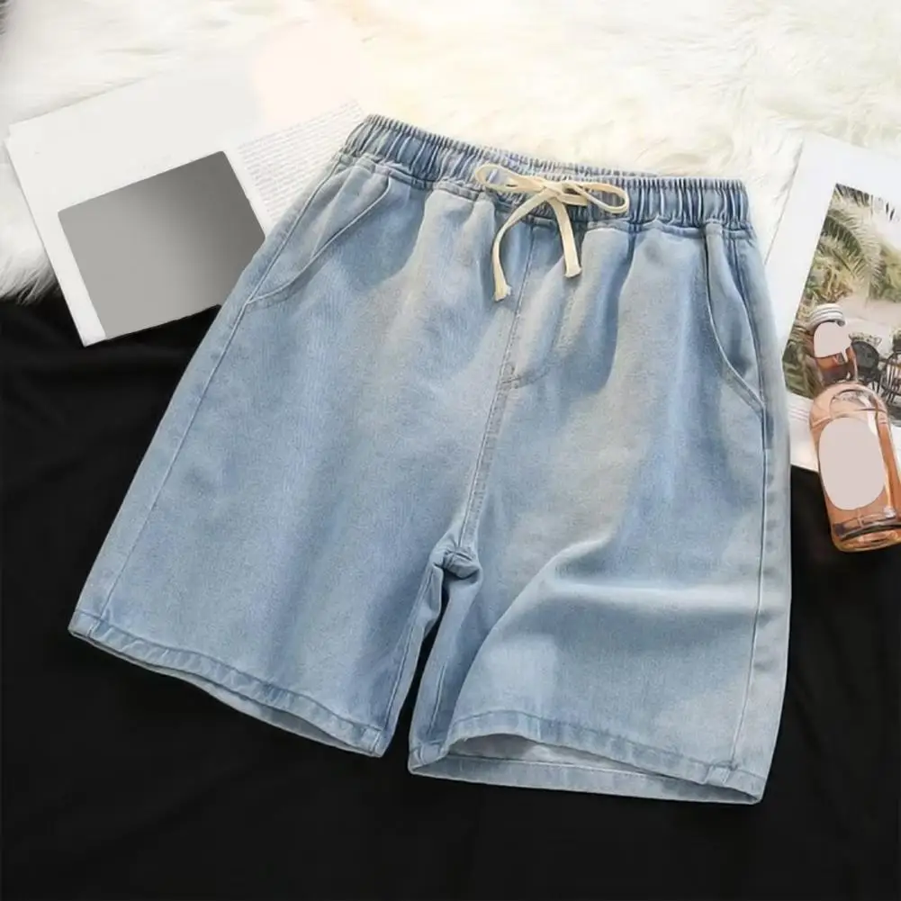 

Men Pants Men's Elastic Waist Drawstring Denim Shorts Wide Leg Solid Color Loose Fit Summer Shorts for Casual Comfort Straight