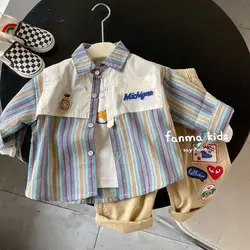 Toddler Boys Spring  Autumn Striped Shirt 2024 New Children's Fake Two Piece PATCHWORK Top Baby Summer Shirt Children's Clothing